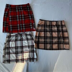 SHEIN Plaid Mini Skirt Trio - Red (S), White (S), and Tan (M)